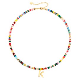 Eaciy Beaded Initial Necklace for Women, 14K Gold Plated K Initial Letter Pendant Rainbow Gemstone Choker Colorful Summer Beach Jewelry for Women
