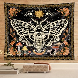 Homewelle Gothic Skull Moth Tapestry Vintage Butterfly Skeleton Floral Cool Wall Art 59Wx51H Inch Moon Phase Witchy Crescent Mystic Orange Black Wall Hanging Bedroom Living Room Dorm Decor Fabric