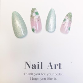 Medium Almond Press on Nails Green Flowers Fake Nails Glitter Gradation Acrylic Nails with Daisy Spring Designs Ombre Flash False Nails Glue on Nails Glossy Press Ons for Women Girls 24pcs