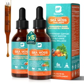 Sea Moss Drops - Irish Sea Moss Chlorophyll Liquid with Black Seed Oil, Ashwagandha, Moringa, Turmeric, Elderberry, Mullein, Seamoss Gel Supplement for Liver Cleanse, Detox & Gut, Immune Support-Vegan