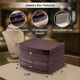 Bey-Berk Lacquered Ebony Zebra Wood Jewelry Box, Brown - Multi-Compartment Storage Organizer with Mirror, Lock & Drawers