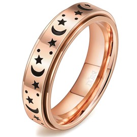 DURSI Moon Star Spinner Fidget Ring for Anxiety Women Men Worry Rings for Girls Boys Kids Stainless Steel Engagement Wedding Promise Band (Rose Gold, Size 12)