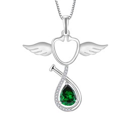 Aprila Women Necklace 925 Sterling Silver Guardian Angel Wings Stethoscope Pendant Necklace with Cubic Zirconia May Birthstone Emerald Color Jewelry Medical Doctor Nurse Jewelry