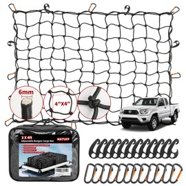 MATUFF Extra Thick 6mm Latex core Cargo net for Pickup Truck Bed & SUV, 3'x 4' Heavy Duty Universal car Organizer net Stretches to 6'x 8' Small 4"x4" mesh Bungee net, w 12 Metal carabiners & 12 Hooks
