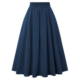 Belle Poque Women's Casual High Waist Pleated A-Line Midi Skirt with Pocket Navy Blue#2150 M