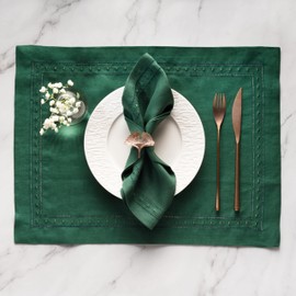 Linen Placemats 14 x 19 inch - 100% Pure Linen Forest Green Placemats with Embroidered Dot Set of 4 - Hemstitch Placemat Washable for Spring and Easter Day