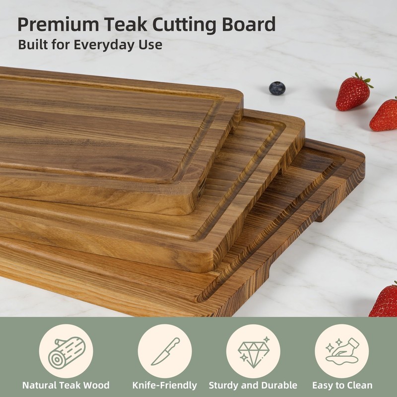 Teak Wood Cutting Board Set, 3-Piece Cutting Board with Stand