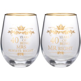 COFOZA Set of 2 40th Wedding Anniversary 15 Ounces Wine Glasses Tumblers Mr Right Mrs Always Right 40 Years Anniversary Cups Present for Couples Parents Gifts