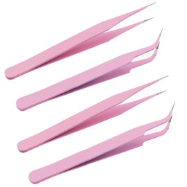 Caishun 4PCS Precision Tweezer Set 12.4cm Pink False Eyelash Tweezers Stainless Steel Tweezers Handbook Clip Pointed Curved Tweezers For Repairing Precision Devices Circuit Boards Pick Up Small Items