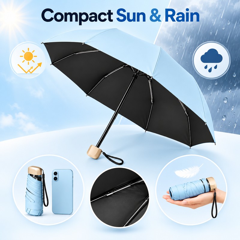 Mini 5-Fold Pocket Umbrella, Compact UV Protection Sun & Rain