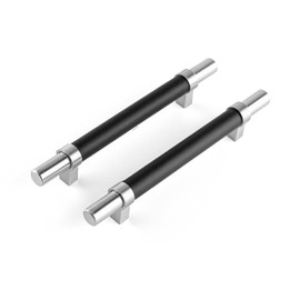 Brute Strength - Furniture Handles - Steel & Full Grain Leather - 128mm Hole Spacing - Silver & Black - Pack of 4 - Cabinet Handle Door Handle for Kitchen, Bathroom, Cabinets, Dresser, Wood