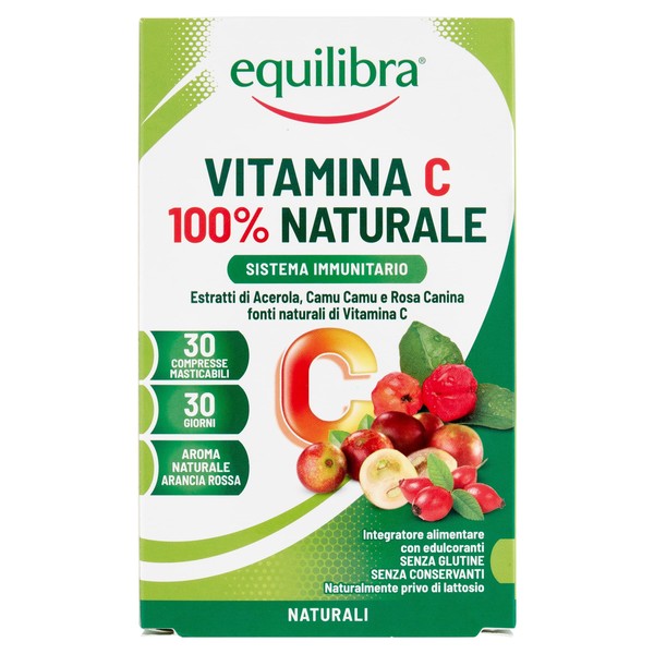 Equilibra Dietary Supplements, Vitamin C 100% Natural, Immune System Supplement, Reduces Fatigue and Fatigue, Natural Aroma Red Orange, 30 Chewable Tablets
