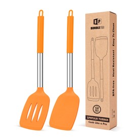 Pack of 2 Silicone Solid Turner, Non Stick Slotted Kitchen Spatulas, High Heat Resistant BPA Free Cooking Utensils, Ideal Cookware for Fish, Eggs, Pancakes (ORANGE)
