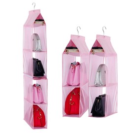 Detachable 4 Compartment Organizer Pouch Hanging Handbag Organizer Clear Purse Bag Collection Storage Holder Wardrobe Closet Space Saving Organizers System for Living Room Home Use (Pink)