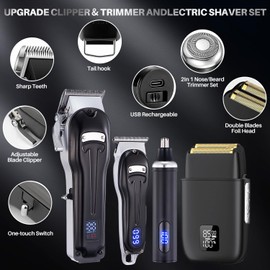Roziapro Professional Hair Clippers for Men Zero Gapped T-Blade Trimmer Cordless Nose Hair Trimmer Electric Foil Shaver Rechargeable Hair Grooming Set with LED Display (Black)