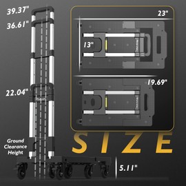 TOOLIOM Folding Hand Truck, 600 lbs Heavy Duty Foldable Luggage Cart with 7 Tank Wheels, Portable Collapsible Dolly Cart with Extendable Base, Utility Cart with Brake Wheels