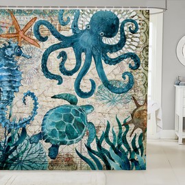 Loussiesd Nautical Shower Curtain 180x180cm Biological Theme Waterproof Shower Curtain Woodland Ocean Sea Turtles Octopus Seahorse Waterproof Fabric Bathroom Vintage Nautical Map with Hooks Blue