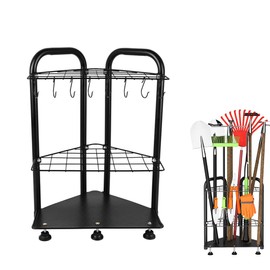 shouldbuy Corner Garden Tool Organizer Rack, Garage Yard Tool Storage and Organization,2-Tier Metal Stand with Hooks, Black