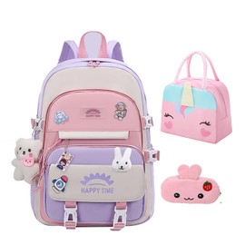 GDEMXOAN 3pcs Girls Backpack, Kawaii School Backpack For Kids Children With Lunch Bag and Pencil Case (RABBIT, PURPLE)