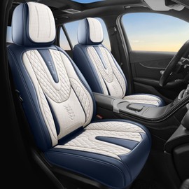 Geamoi Leather Car Seat Covers, Universal Full Set Waterproof Seat Covers for Cars Trucks SUV Pick-up, Automotive Seat Covers Protectors Include Front and Rear, Blue&White (5pcs Full Seat)