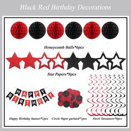 Black and Red Birthday Decorations, Happy Birthday Banner with Black and Red Star Hanging Swirl Streamers Honeycomb Balls Paper Circle Garland for Party Supplies