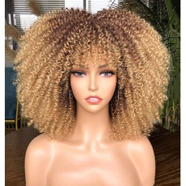 YEESHEDO Ombre Blonde Brown Afro Short Kinky Curly Wig with Bangs for Women Curly Full Fluffy Wigs for Black Women (33/27#)