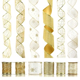 LIHAO 6 Rolls of Golden Organza Ribbon Christmas Ribbon 6.5 cm x 6 m Gift Wrapping Wedding Decoration Ribbon Birthday Flower Decoration Christmas Ribbon Christmas Tree Decoration