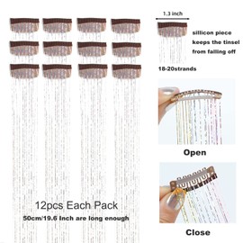 YOOONXI 12Pcs Hair Tinsel Clip in 19.6Inch Glitter Tinsel Hair Extensions Heat Resistant Shiny Sparkle Fairy Hair Tinsel Kit for Women Girls Kids (Colorful)