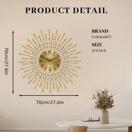 CeRaBuRET Large Gold Wall Clock, 27.6 Inch, Silent, Battery Operated, Modern Crystal Design, Ideal for Living Room Decor