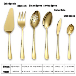 Juego de 6 utensilios de cocina de acero inoxidable para servir dorados, incluye servidor de pasteles, tenedor de carne fría, cuchara ranurada, cuchara para servir, cuchara para sopa de cuchillo de