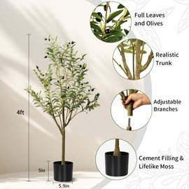4FT Artificial Olive Tree, Indoor Faux Olive Tree Fake Potted Silk Olive Tree Plants with Lifelike Branches & Fruits for Home Office Decor
