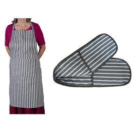 Butchers Stripe Printed Cotton Bib Apron & Double Oven Glove Kitchen Cooking Set (Slate)