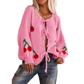 chouyatou Women's Cute Y2K Cherry Tie Knot Cardigan Casual Loose Crewneck Chunky Knit Sweater Cardigan (X-Large, Rose Pink)
