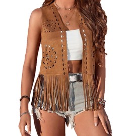 Women Western Tassels Vest Tops 70s Hippie Faux Suede Fringe Vests Jacket Cardigan Open Front Rodeo Cowgirl Shirt (Hallow Out Brown, M)