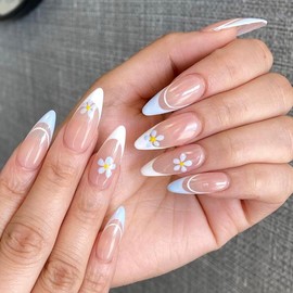 French Tip Press on Nails Almond Medium Fake Nails Flower False Nails Full Cover Glossy Acrylic Stick on Nails Nude Artificial Glue on Nails for Women Girls Manicure Nail Decoration 24pcs