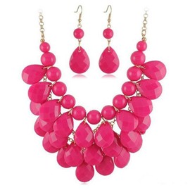 Stocking Stuffers Gifts for Women Hot Pink Necklace and Earring Set Pink Bead Necklace Jewelry Set Hot Pink Teardrop Dangle Earring Layered Chunky Necklaces for Women Gifts
