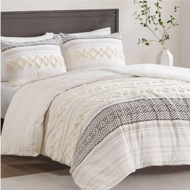 Hyde Lane Queen Textured Duvet Cover Asha, Boho Farmhouse Ivory 100% Cotton Tufted Bedding Set with Zipper, Mid Century Modern Comforter Covers, 3 Pieces Including Matching Pillow Shams (90x90 Inches)