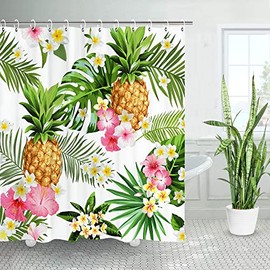 LIVILAN Tropical Shower Curtain, Summer Pineapple Fabric Bathroom Curtain Set with Hooks Decorative Green Leaves Pink Flowers 72x72 Inches Machine Washable