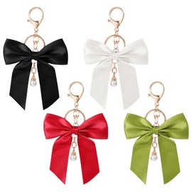 Tyqour Pack of 4 Key Chain Bow Pearl Key Chain Women Bag Pendant Girls Car Key Chain Accessories Cute Bow Pearl Party Accessories Gift for Women Bag Pendant, Green + Red + White + Black