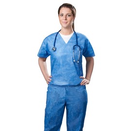 TRONEX SMS440 Disposable Scrub Top, Fluid Resistant, Multi Layer Nonwoven Spunbond Material, V Neck, Front Left Pocket, Blue, Large, Pack of 50