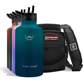 NATURE PIONEOR Insulated Water Bottles with Straw - 64oz Stainless Steel Vacuum Bottle with Holder/Carrier/Sleeve - Reusable 18/8 Food Grade Thermos Water Jug
