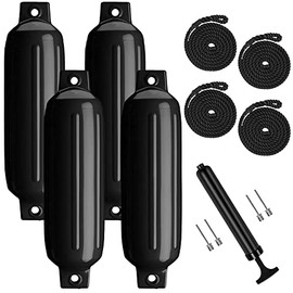 Turmaster Boat Fenders 4 Pack 4.5'' x16'', Ribbed Twin Eyes Boat Fenders Bumpers for Docking, Inflatable Boat Bumper with 4 Ropes, 4 Needles and 1 Pump,Black