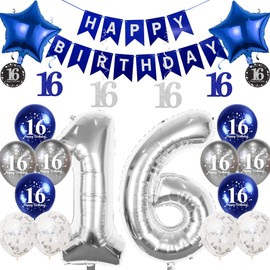 Pargleev 16th Birthday Decorations for Boys Girls,16in Number 16 Birthday Foil Balloons with Swirl Decorations Happy Birthday Banner and Star Foil Balloons 12PCS Confetii and Latex Balloons Silver