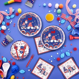 122 PCS 4th of July Plates and Napkins Sets, Independence Day Party Supplies Include Patriotic Plates and Napkins,Cups,Forks,Banner and Tablecloth for Patriotic 4th of July Party Decorations, Serve 24