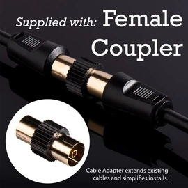 rhinocables Coaxial TV Aerial Cable with Gold-Plated Connectors | Male to Male RF Coax Lead with Female Adapter |Universally Compatible Fly Lead for HD/Standard TVs & Satellite Receivers (50m,Black)