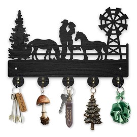 MAYJOYDIY Wood Cowboy Horse Farm Coat Hooks Farmhouse Cowgirl Windmill Key Holder for Wall 30×20cm Wall Art Decor Gift Black Wall Key Rack Organizer 5 Alloy Hooks for Bedroom Kitchen Entryway