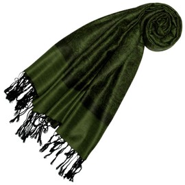 Lorenzo Cana Pashmina Scarf Jacquard Woven Paisley Pattern 70 cm x 180 cm Natural Fibre Olive Green Black 93324, olive green