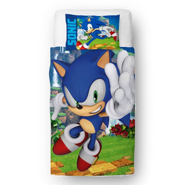 Sonic The Hedgehog Official Moves Design Single Duvet Cover Set | Reversible 2 Sided Bedding Including Matching Pillow Case, Polycotton
