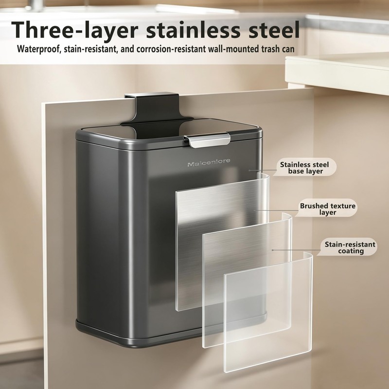 Stainless Steel Kitchen Hanging Trash Can with Lid and Inner