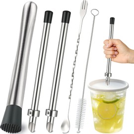 6Pcs Straw Puncher and Muddler Spoon Set for Plastic Lids Lemonade Cups 304 Stainless Steel Straw Hole Puncher Punching Tools for Drinks Fresh Lemonade Stands Supplies